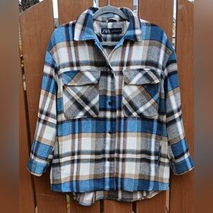 Zara Flannel Shirt Jacket Oversized Heavyweight Blue Cream Plaid Snap Womens S